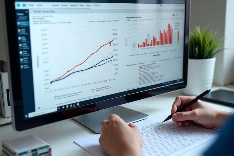 Gráficos de progreso en una pantalla de computadora, mostrando la evolución de un paciente, con manos escribiendo notas de seguimiento.