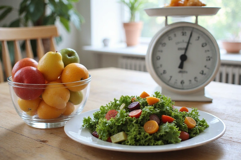 Mesa de comedor con un bol de frutas frescas, un plato de ensalada y una balanza de cocina, simbolizando un plan nutricional equilibrado.