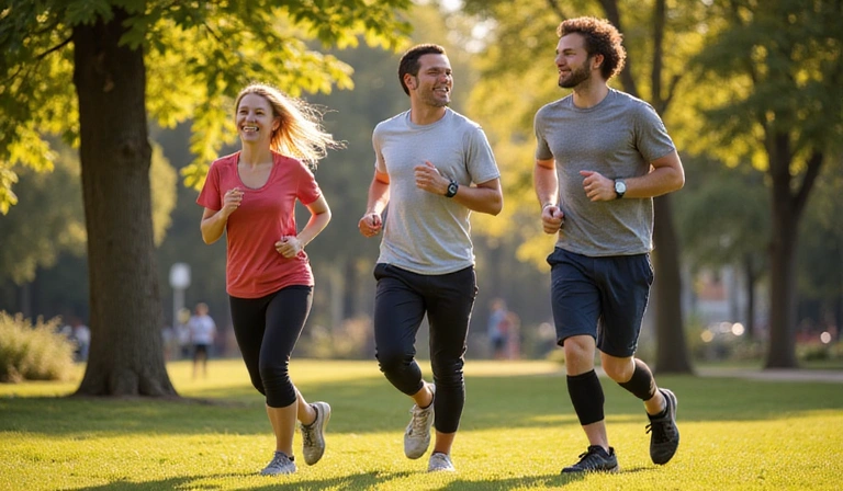 Grupo de amigos corriendo en un parque soleado