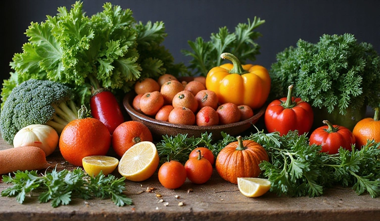 Mesa llena de vegetales frescos, frutas y hierbas