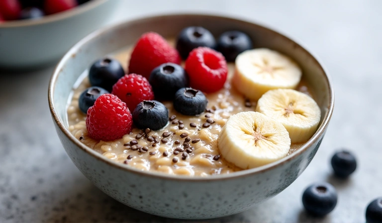 Tazón de avena con frutas frescas y semillas