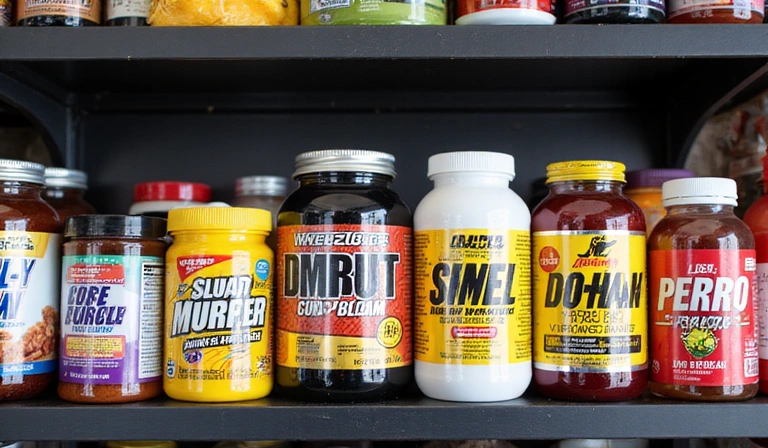 Variedad de suplementos deportivos en envases coloridos