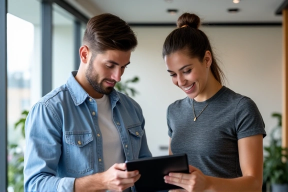 Un nutricionista y un entrenador físico colaborando mientras revisan un plan de bienestar.